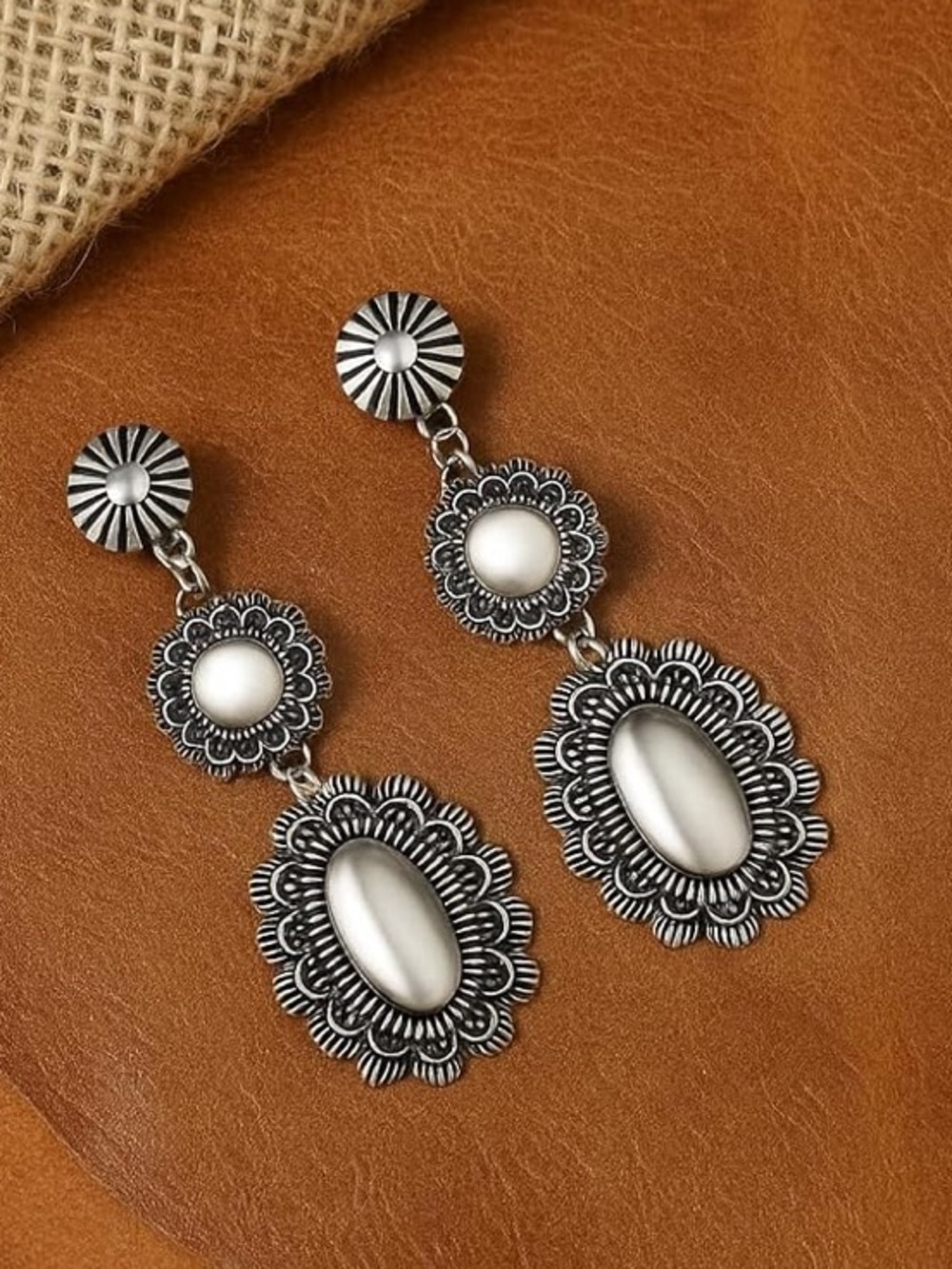 Anthropologie Silver Tiered Floral Medallion Drop Earrings - Picture 2 of 5